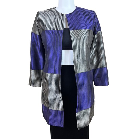 Chico’s Purple & Silver Colorblock Womens Open Front Jacket 3/4 Sleeve Sz 2 - Picture 3 of 11